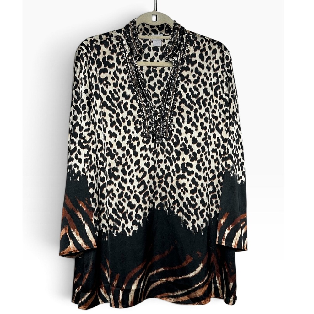 Chicos Leopard Tiger Print Beaded Sequin Tunic Top Size 3 XL 16/18 Brown Black